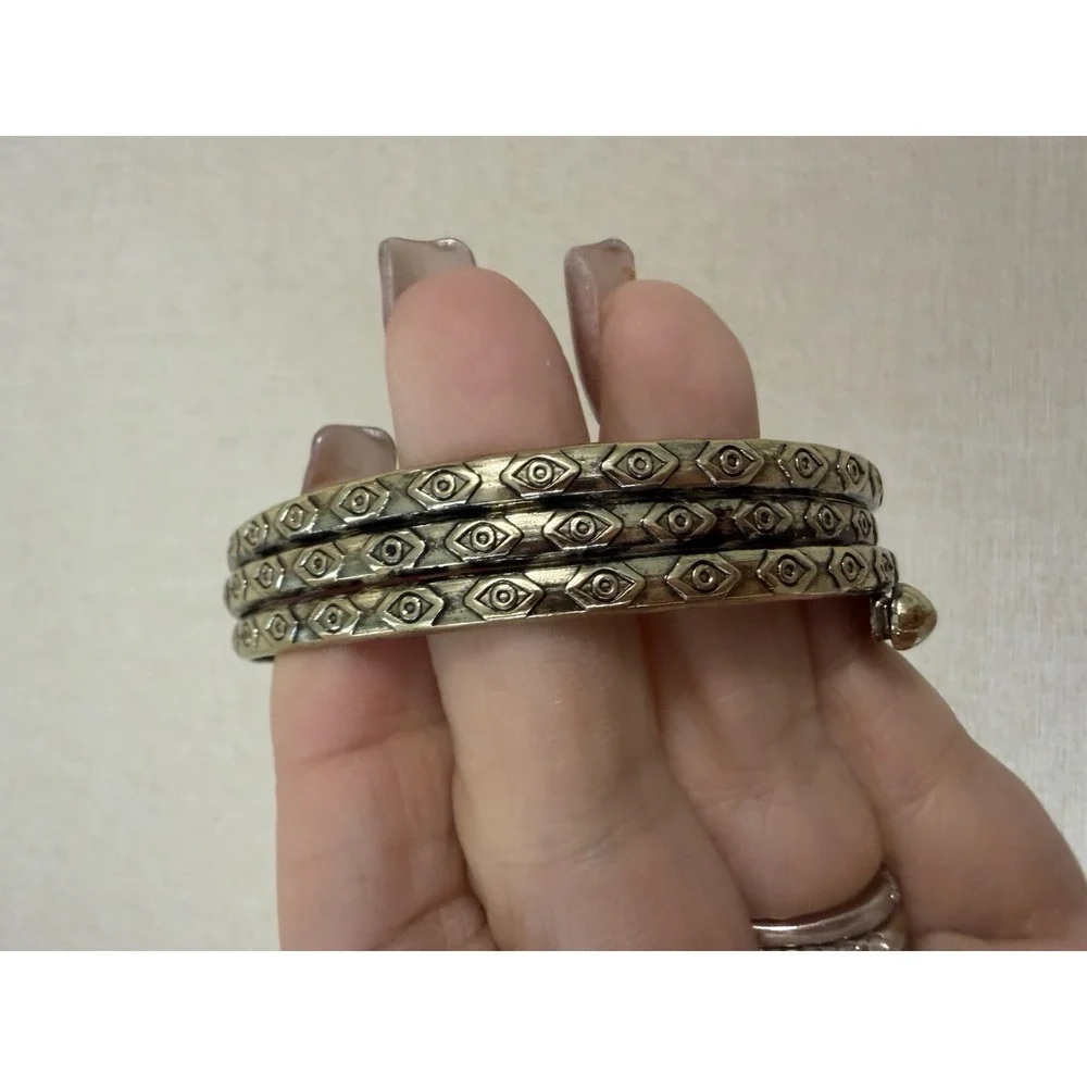 Vintage Brass Evil Eye Triple Band Cuff Bracelet Boho Tribal Adjustable Wide - Picture 5 of 10